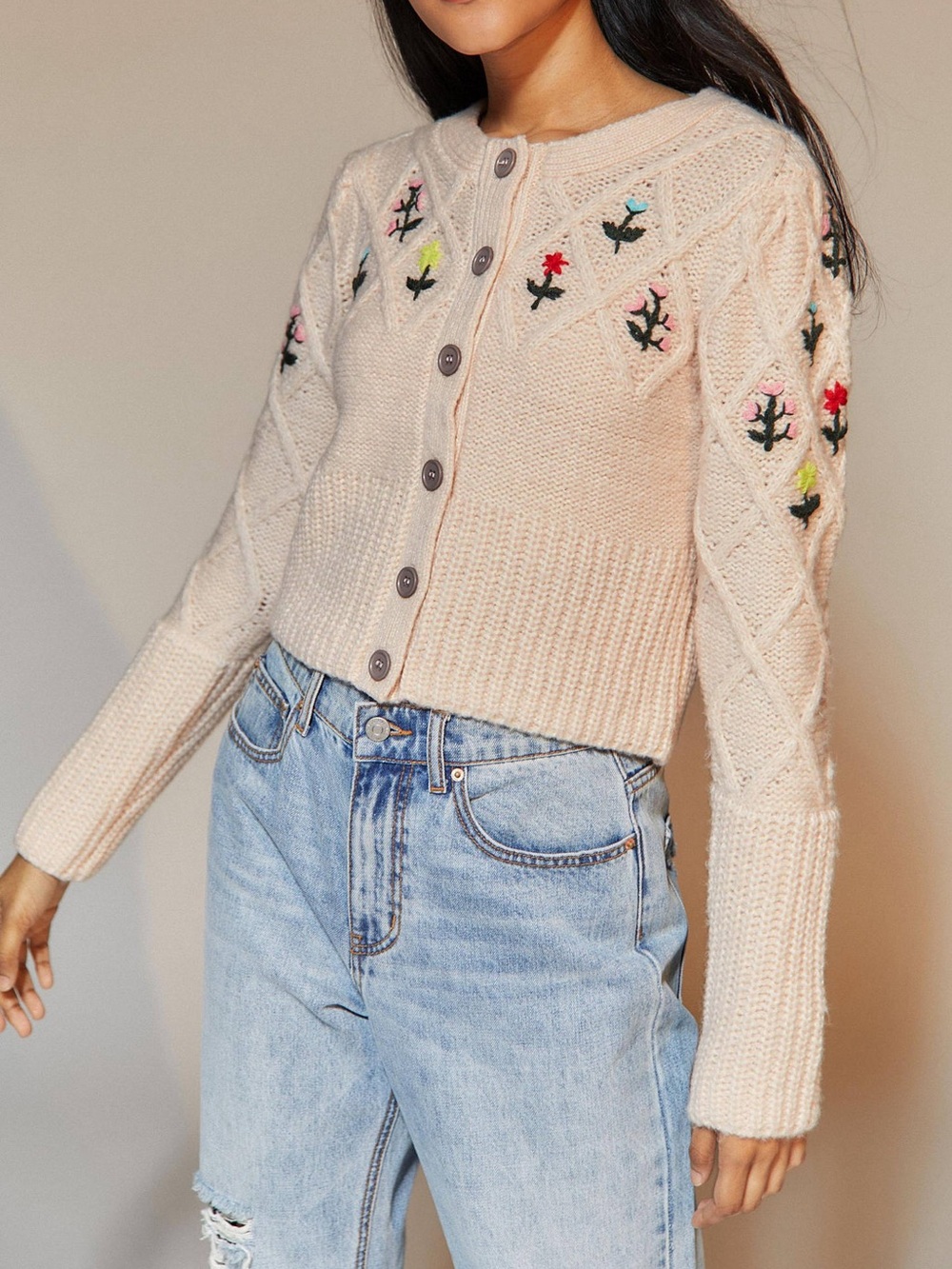 Kimchi Blue Cream Cropped Cardigan with Floral Embroidery